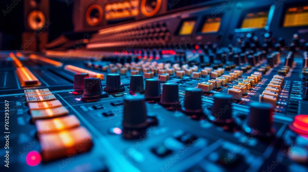 Audio mixing console. Contemporary control desk in a music recording studio illuminated with neon colors for music and sound recording Audio mixing console. Contemporary control desk in a music recording studio illuminated with neon colors for music and sound recording