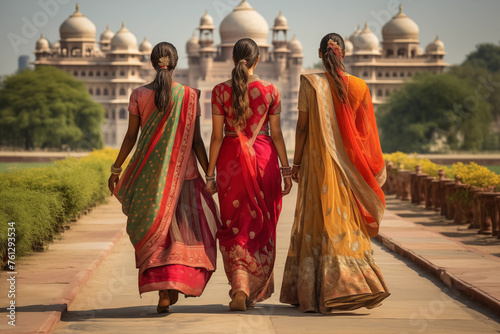 Indian women in colorful sari and temple © Kokhanchikov