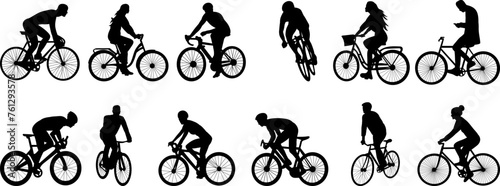 people riding bicycle silhouette set on white background, vector © zolotons