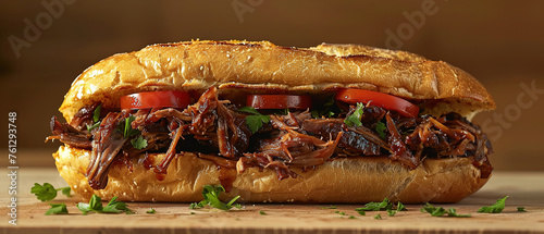 professional food photography: pulled pork sandwich, soft pastel, lots of copy space