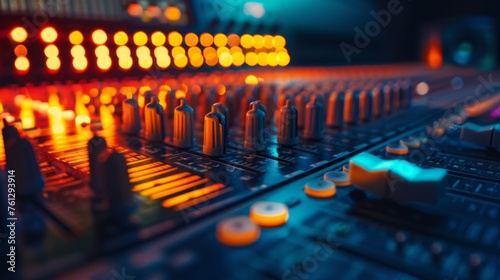 Audio mixing console. Contemporary control desk in a music recording studio illuminated with neon colors for music and sound recording photo