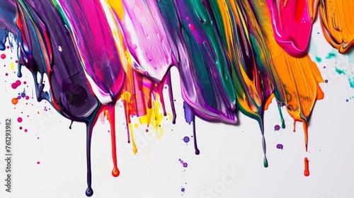 Colorful paint strokes flowing on white background with copyspace.