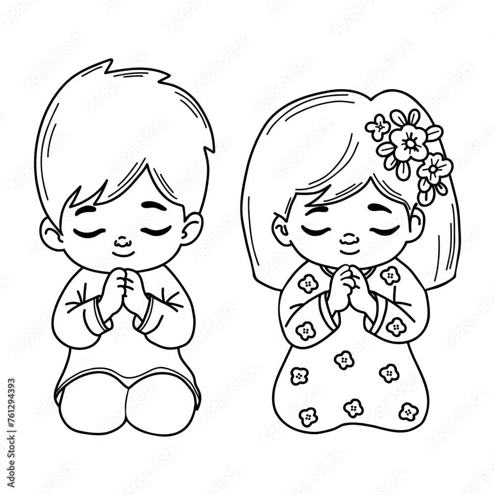 Cute praying children girl and boy. Religious believer little child character on his knees with folded hands in prayer. Vector illustration. Isolated outline hand drawings. Kids collection Cute praying children girl and boy. Religious believer little child character on his knees with folded hands in prayer. Vector illustration. Isolated outline hand drawings. Kids collection