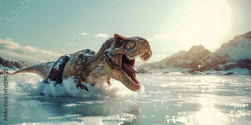 Tyrannosaurus rex dinosaur attack enemies through glaciers in the ice age
