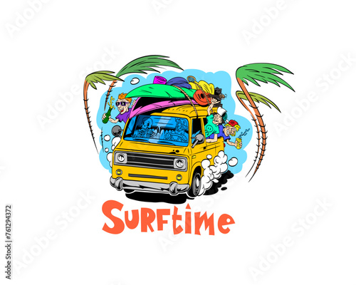 Summer surf bus vacation. Cartoon, comics style print design template. Vector art illustration. 