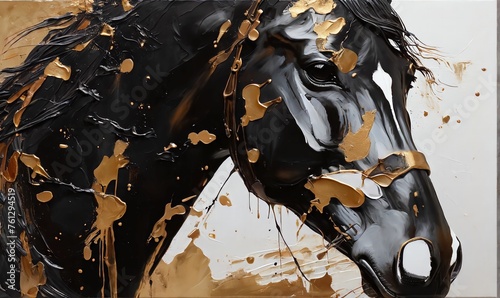 A painting of abstract oil. Art painting, gold, horse, canvas, wall art, modern artwork, paint spots, paint strokes, knife painting, large stroke painting, mural, black, white.Ai generative