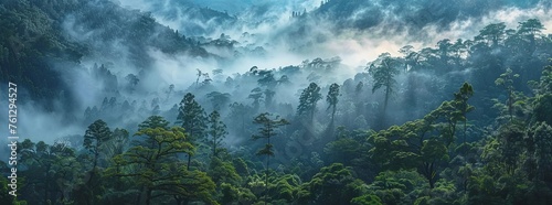 A panoramic view of the dense forest with misty clouds rising from its canopy #761294527