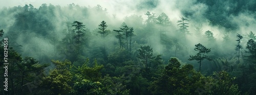 A panoramic view of the dense forest with misty clouds rising from its canopy