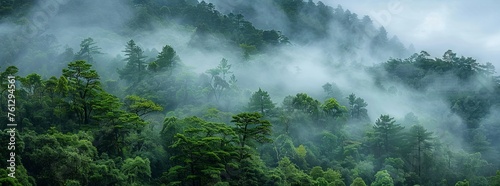 A panoramic view of the dense forest with misty clouds rising from its canopy © EnelEva