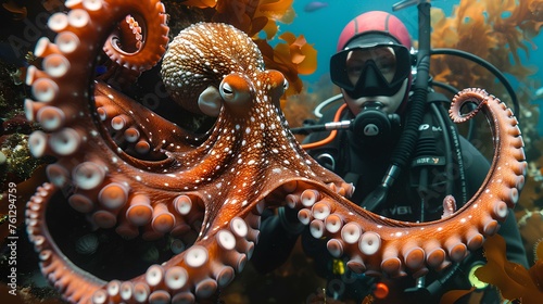 Diver Encountering a Giant Octopus Undersea,An underwater explorer comes face-to-face with a giant octopus among the vibrant coral reefs, highlighting the wonders of marine life.   © Yuparet