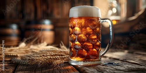 Closeup image of traditional Czech lager in glass on rustic table. Concept Food and Drink, Traditional Czech Lager, Closeup Photography, Rustic Table Settings, Still Life Photography