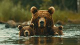 Bear Family Enjoying Time Together in Rain,In a tranquil natural setting, a bear family is captured in a tender moment, with raindrops adding to the serene atmosphere.

