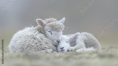 Sweet and endearing lamb showing affection by nuzzling its caring mother in a serene green meadow © Ilja