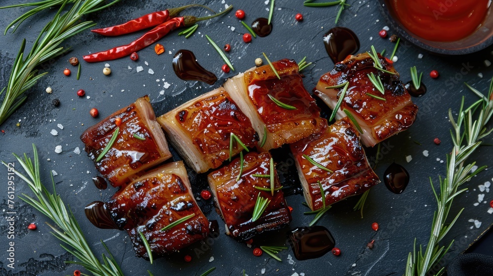 Baked pork belly with garnish. Generative AI