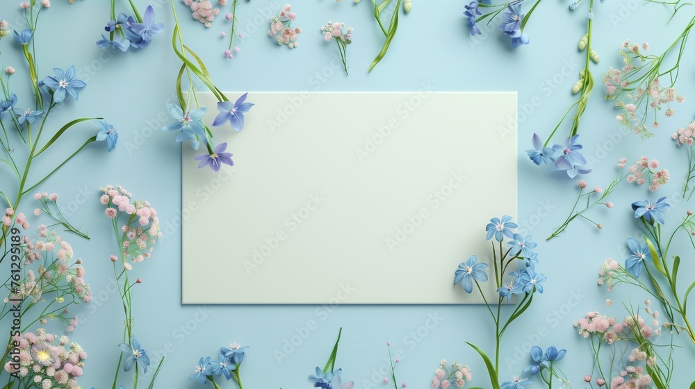 Blank white board and forget me nots flower for greeting text message - obrazy, fototapety, plakaty 