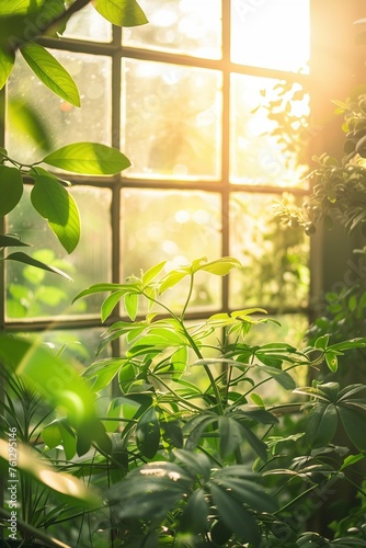 Pflanzen in einem Gew  chshaus bei einfallendem Sonnenlicht  