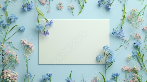 Blank white board and forget me nots flower for greeting text message