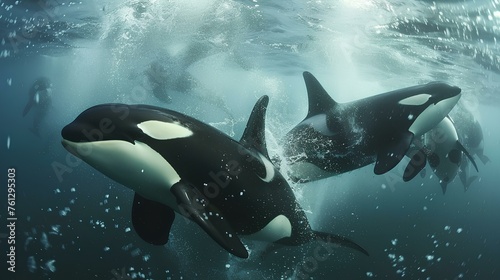 Pod of Orcas Swimming Gracefully Underwater,A pod of orcas, also known as killer whales, glides through the ocean's depths with rays of light illuminating their path.   © Yuparet