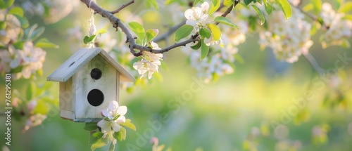 A small wooden birdhouse hanging from the branch of an apple tree, background is blurred green grass, serene spring garden scene.