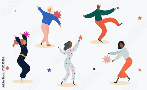 Male and female characters. A group of happy dancing people.  Cartoon flat vector illustration of dancing people