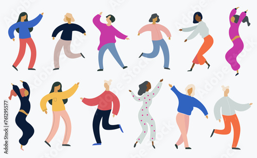 Collection of dancers. Female characters. A group of happy dancing people. Cartoon flat vector illustration of dancing people