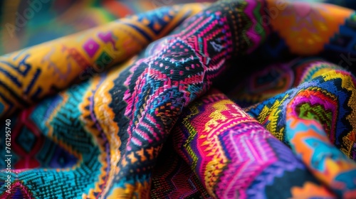Traditional Mexican textile design featuring vibrant colors and intricate ornamental folds © Vladimir