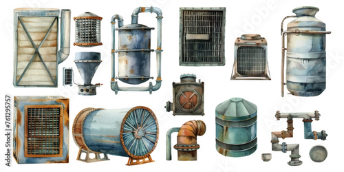 Set of watercolor air filter equipment on white background photo