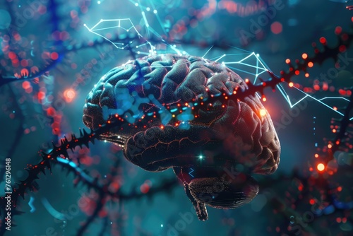 The human brain with neural signals, DNA, futuristic. Blue brain with flashes, signals for advertising, posters, websites