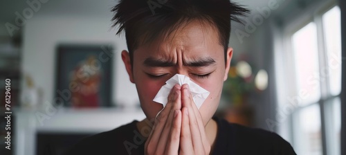 Close up of ill man blowing nose into tissue, with ample space for text placement