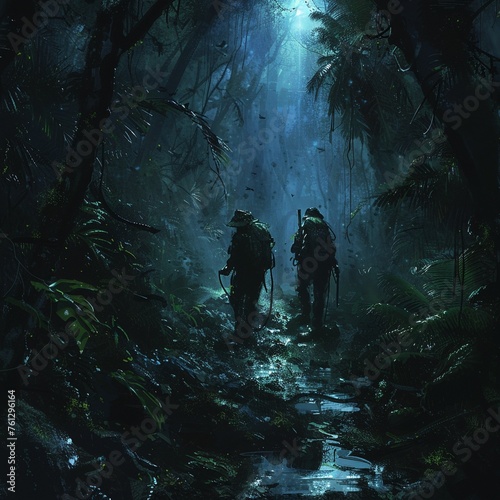 Spotlight highlighting the explorers amidst the dark jungle photo