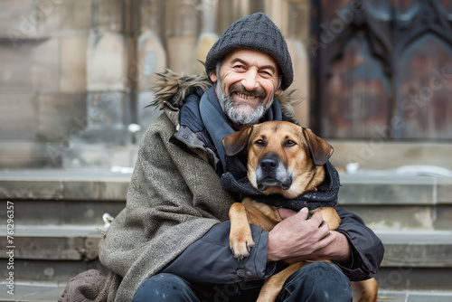 Happy homeless mature man hugs dog sitting on steps of old church. Elderly tramp with pet rests on stone steps on city street. Poverty problem