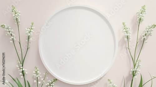 Blank white board and lily of the valley flower copy space solid background