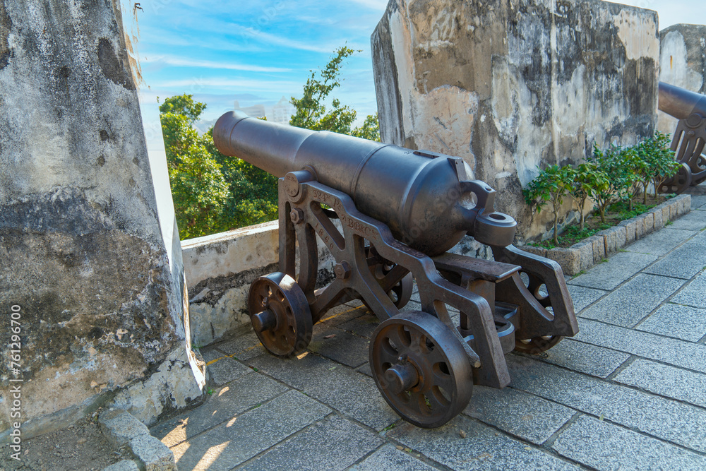 Old cannon with its barrel pointing towards the city on Monte Fortress (built between 1617-1626) on the tall Mount Hill,located directly east of the Ruins of St. Paul