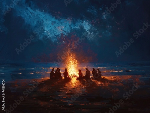 engaging in a lively discussion while illuminated by the warm glow of the fire The scene is depicted in a painting style, with silhouette lighting adding a cozy and intimate atmosphere