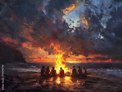 engaging in a lively discussion while illuminated by the warm glow of the fire The scene is depicted in a painting style, with silhouette lighting adding a cozy and intimate atmosphere © jinna