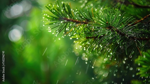 Raindrops on pine branches with a green background. © EMRAN