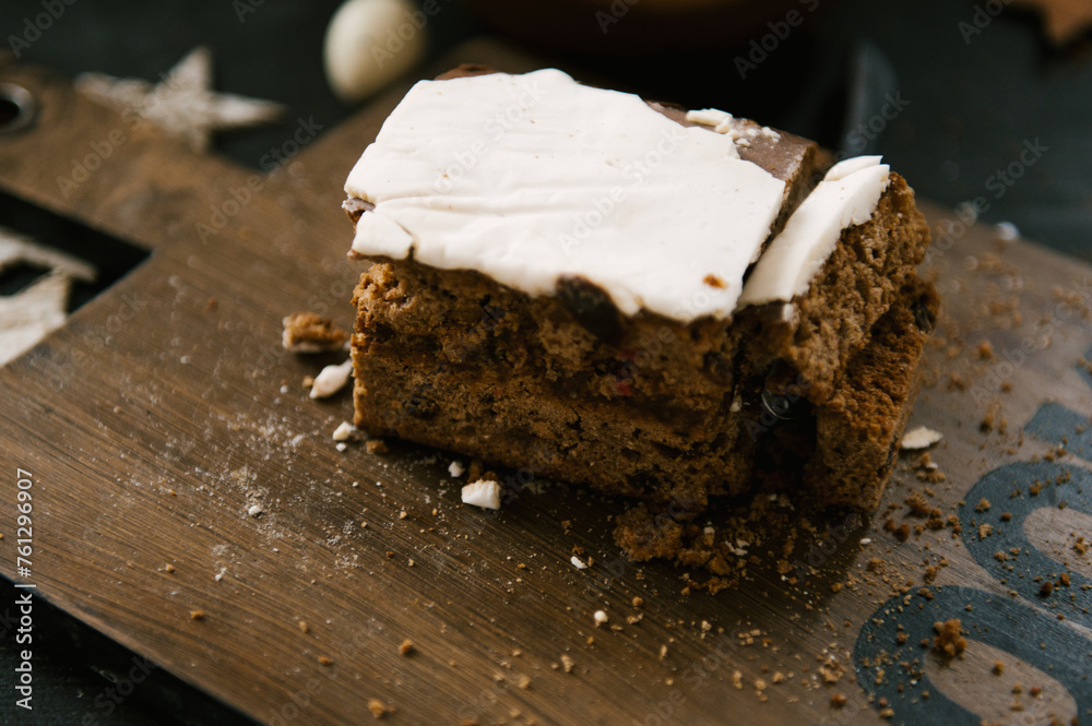 Beautiful details of a festive New Year's table with a Christmas cupcake