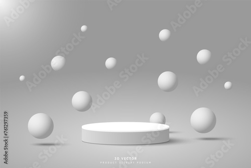 Fototapeta Naklejka Na Ścianę i Meble -  Abstract white grey 3d cylinder podium pedestal or stage for show product with balls floating or bouncing up and down on the air. Round 3D stage scene for showcase. Vector geometric platforms design.