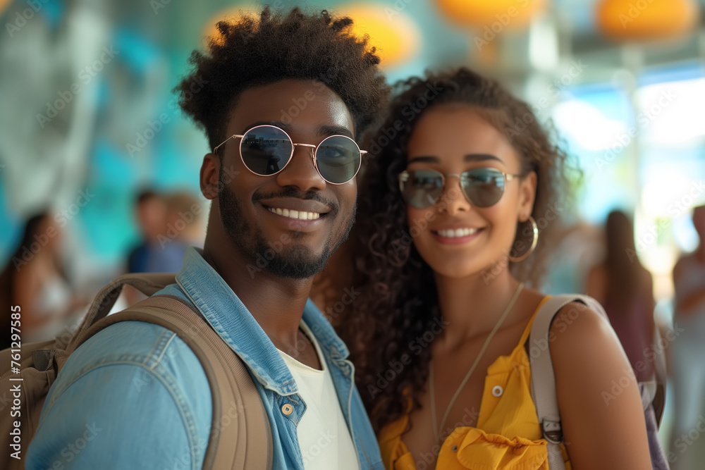 African American man and woman smiling happily at the airport, standing together while on vacation African American man and woman smiling happily at the airport, standing together while on vacation