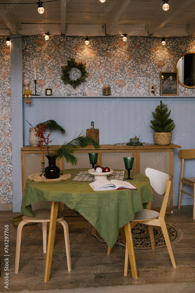 Scandinavian kitchen interior design decorated for the new year