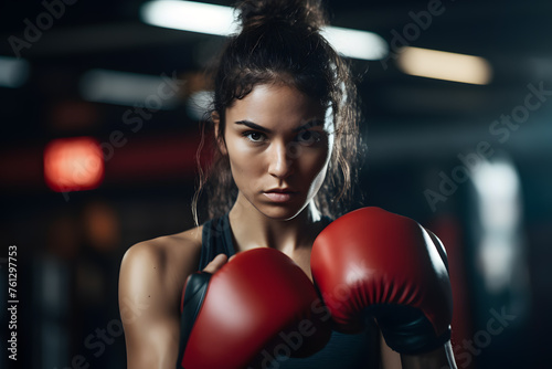 Close up of beautiful woman with in boxing gloves looking at the camera, ready to fight pose © Oksana