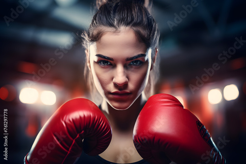 Close up of beautiful woman with in boxing gloves looking at the camera, ready to fight pose