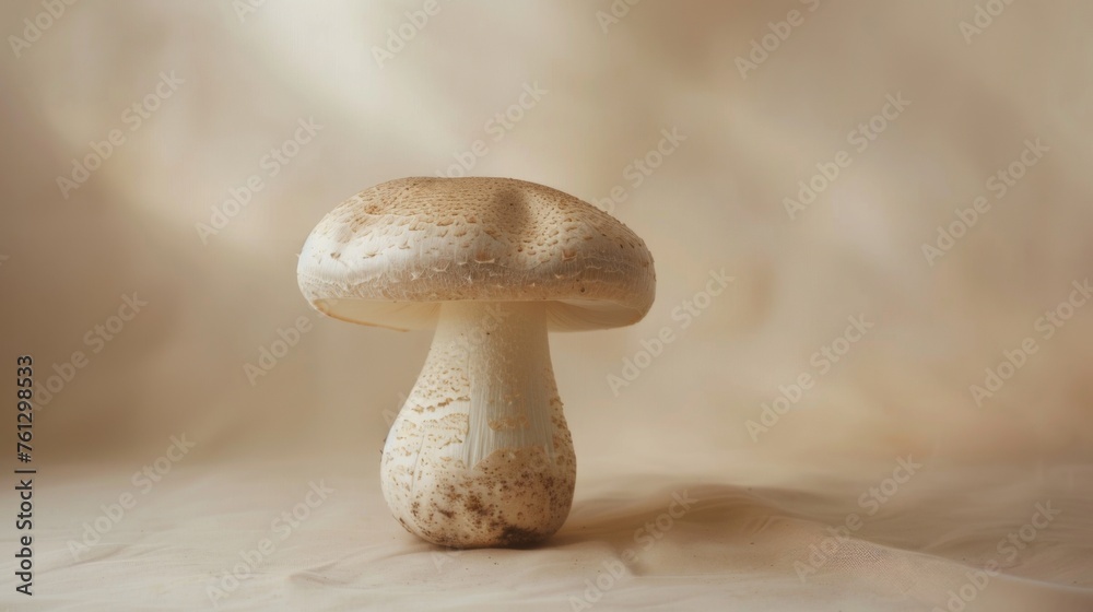 Mushroom on a beige background. Studio-lit editorial photograph capturing mushroom, creating a serene still-life composition. Mushroom on a beige background. Studio-lit editorial photograph capturing mushroom, creating a serene still-life composition.