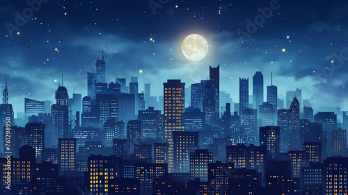 Building and City Illustration, City scene on night time. © Wasin Arsasoi