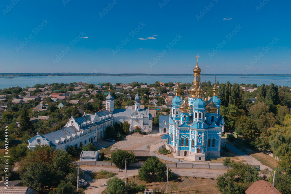 Holy Intercession Church is an Orthodox church in the village of Odinkovka, which is part of the Dnipro, Ukraine. Blue Church. Orthodox religion.