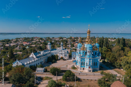 Holy Intercession Church is an Orthodox church in the village of Odinkovka, which is part of the Dnipro, Ukraine. Blue Church. Orthodox religion.