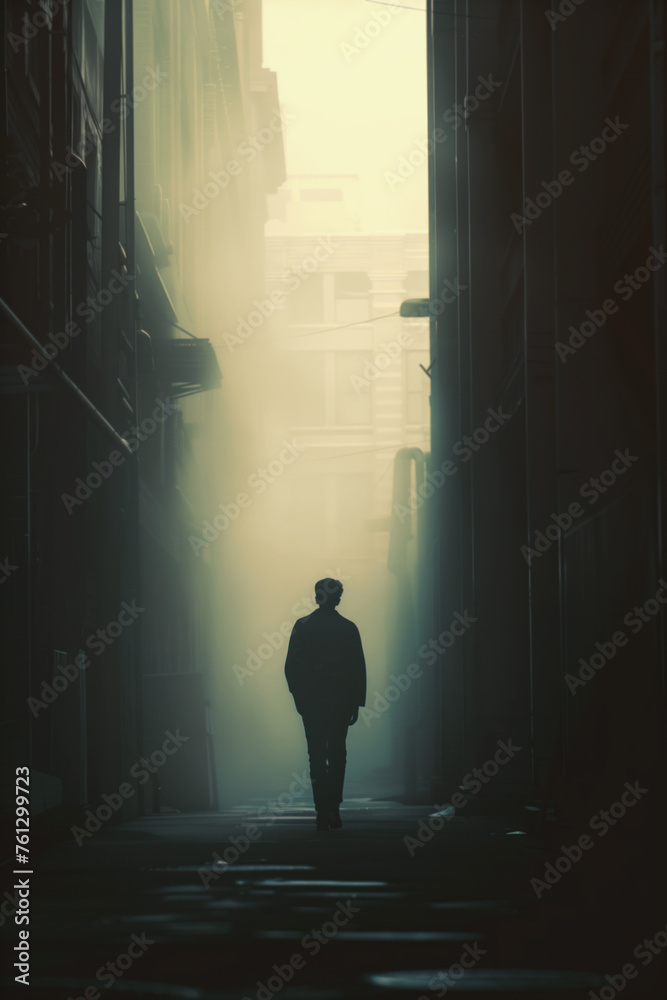 Male silhouette walking in a dark urban alley at night. Creepy foggy, misty city street with eerie back light. Full view. Rear back view. Walking away. Urban Mystery thriller concept. 