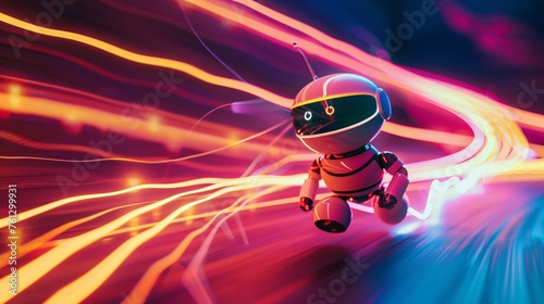 a cute robot chasing dreams, running on a wave of light. light trails caused by low shutter speed