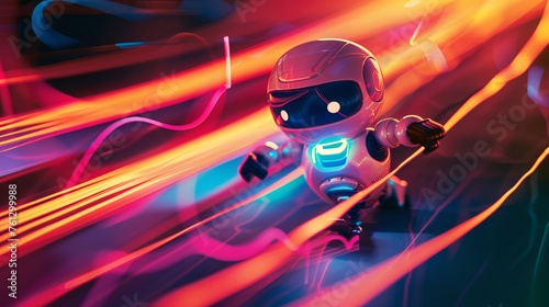 a cute robot chasing dreams, running on a wave of light. light trails caused by low shutter speed photo