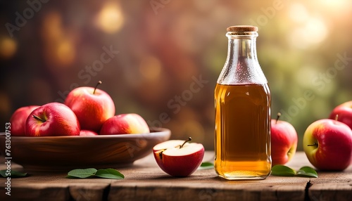 Apple cider vinegar in glass bottle and fresh red apples on wooden table
